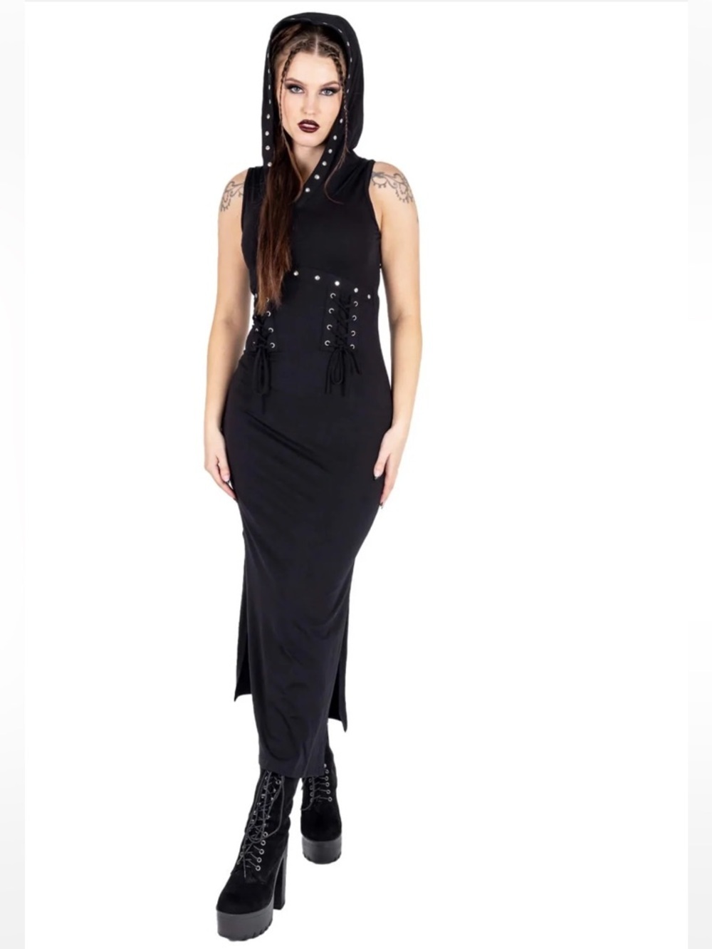 Vixxsin Black Cora Hooded Lace Up Goth Studded Sleeveless Midi Dress Dark Punk - Picture 6 of 14